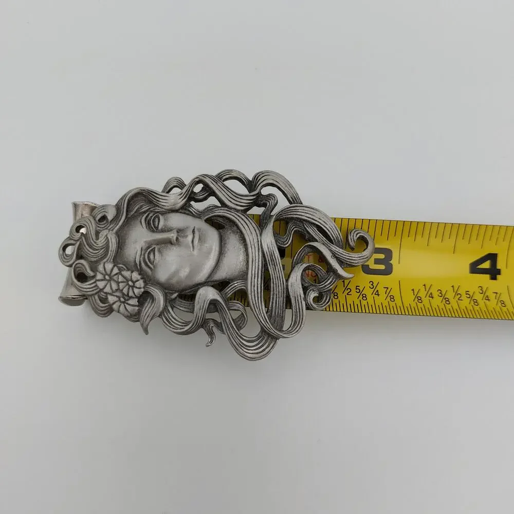 Vintage JJ 1988 Art Nouveau Pewter Lady Brooch Pin Jonette Jewelry Flowing Hair